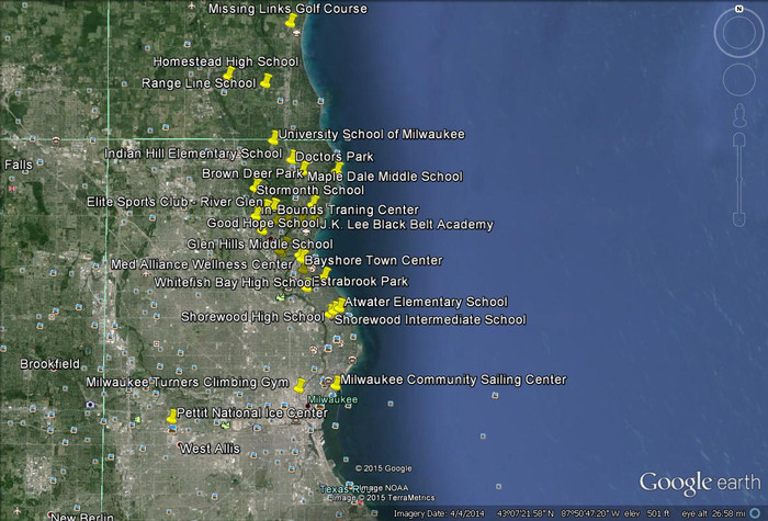 Map of locations where Nicolet Rec. Dept. programs take place